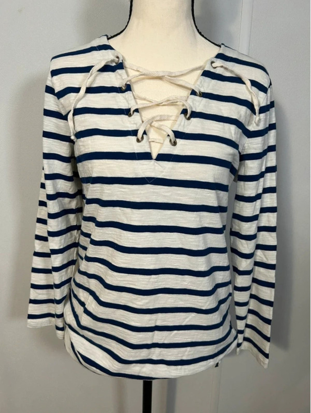 Old Navy Navy Blue Stripe Lace Up Long Sleeve Top M Tall